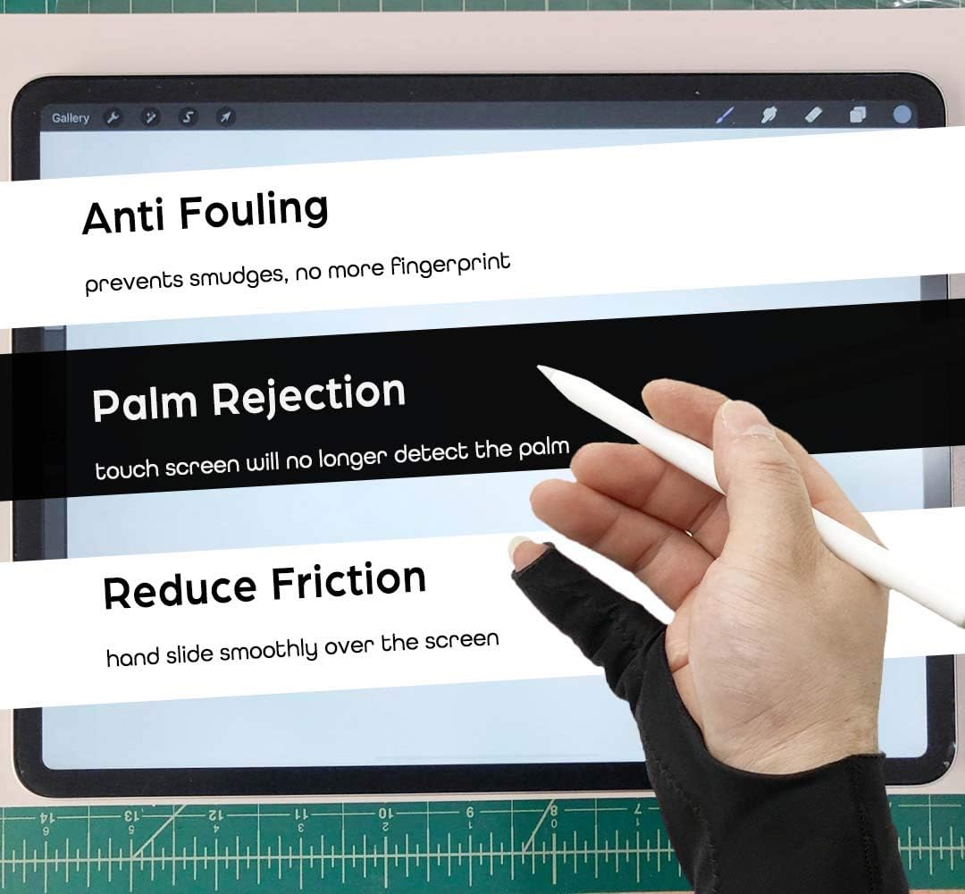 AKX Artist Drawing Glove Medium - 2 Pack Palm Rejection for iPad - Smudge Guard, 1 Finger, Fingerless, Good for Left and Right Hand, Black | AK-010