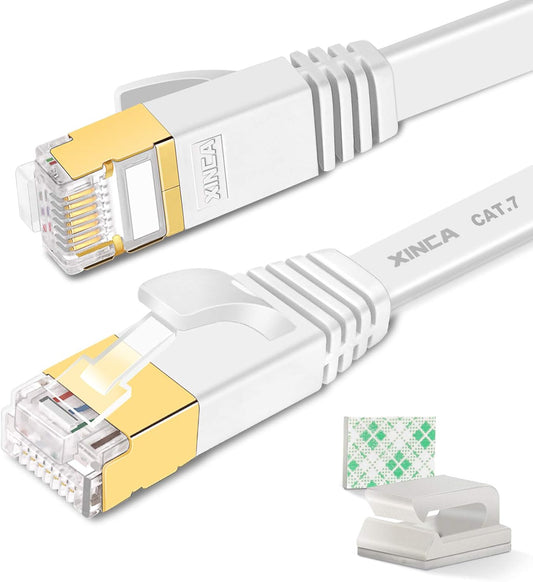 Cat 7 Flat Ethernet Cable 15ft White, High Speed 10GB Shielded (STP) LAN Internet Network Cable Ethernet Patch Computer Cable with Rj45 Connectors and 5pcs Adhesive Cable Clips