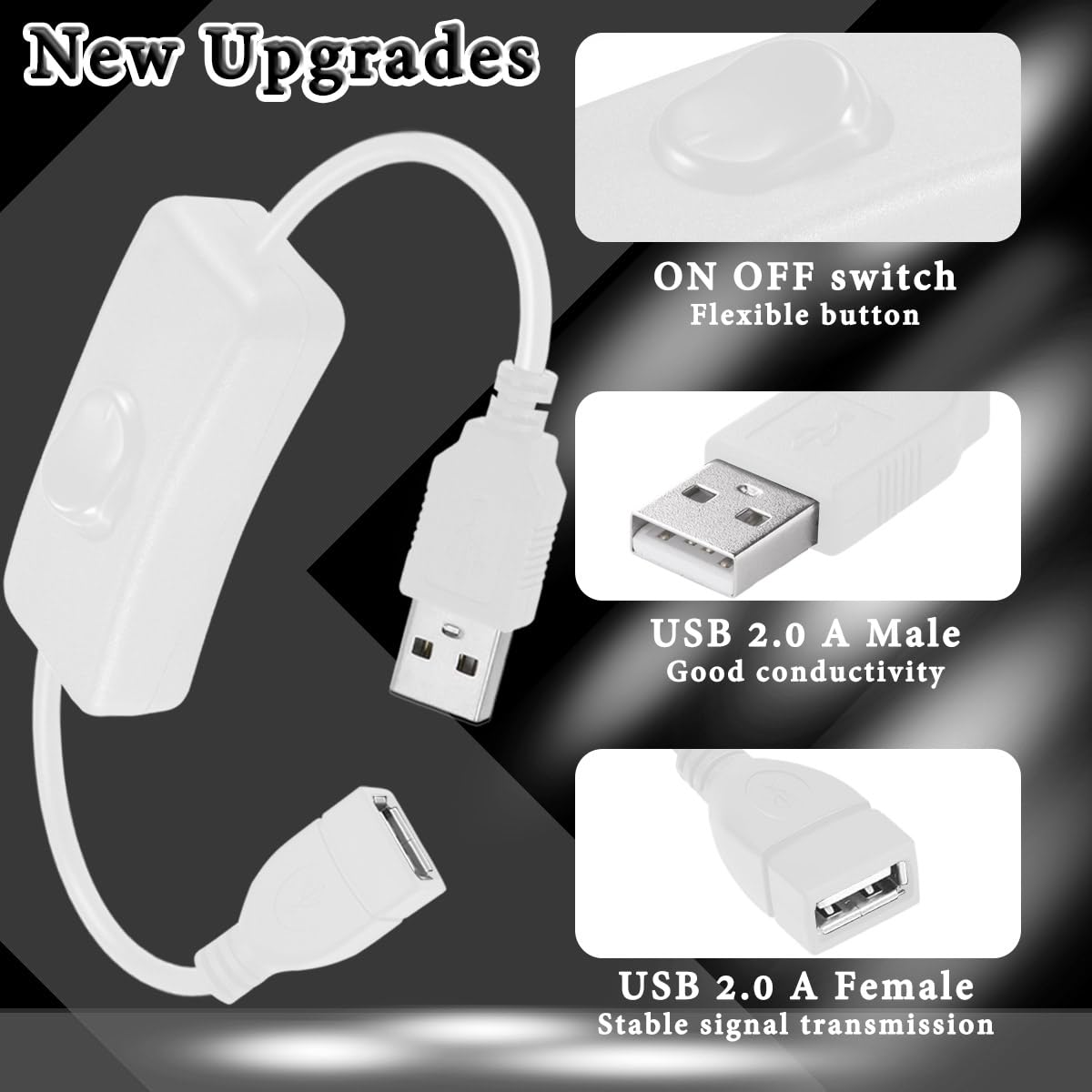 4PCS USB Power Switch Cable USB 2.0 A Male to Female Extension Cord On/Off Adapter with Inline Rocker Switch with Cable Ties for Driving Recorder Small Desk Lamp LED Strip (White)