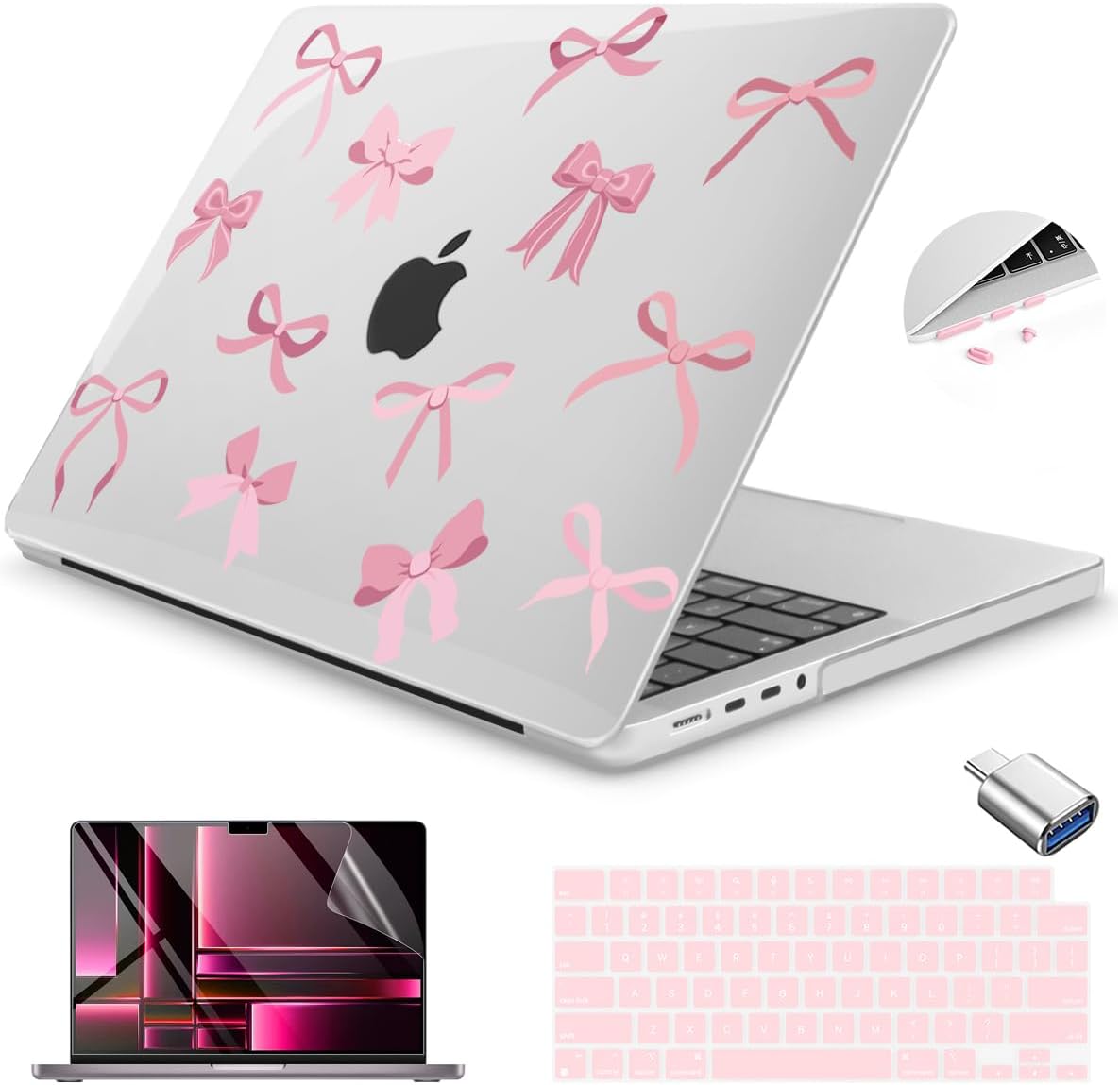 Teryeefi Case for MacBook Pro 14 inch 2024 2023 2021 M4 A3112 A3401 A3185 M3 A2918 A2992 M2 A2779 M1 A2442, Hard Shell Cover + Keyboard Cover for 14 inch MacBook Pro, Cute Pink Bows