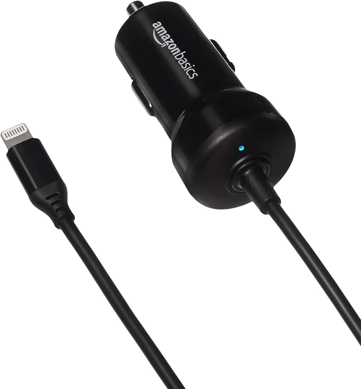 Amazon Basics 12W (5V, 2.4A) Car Charger with Lightning Cable (Straight) for iPhone and Apple Devices, 3 ft - Black