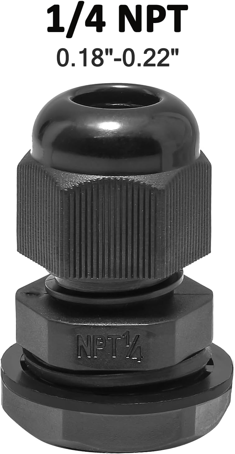 10 Pcs 1/4" NPT Nylon Cable Glands, IP68 Waterproof Adjustable Cord Grip Cable Connector Strain Relief Wire Protectors for 4-6mm Cable Diameter, Black