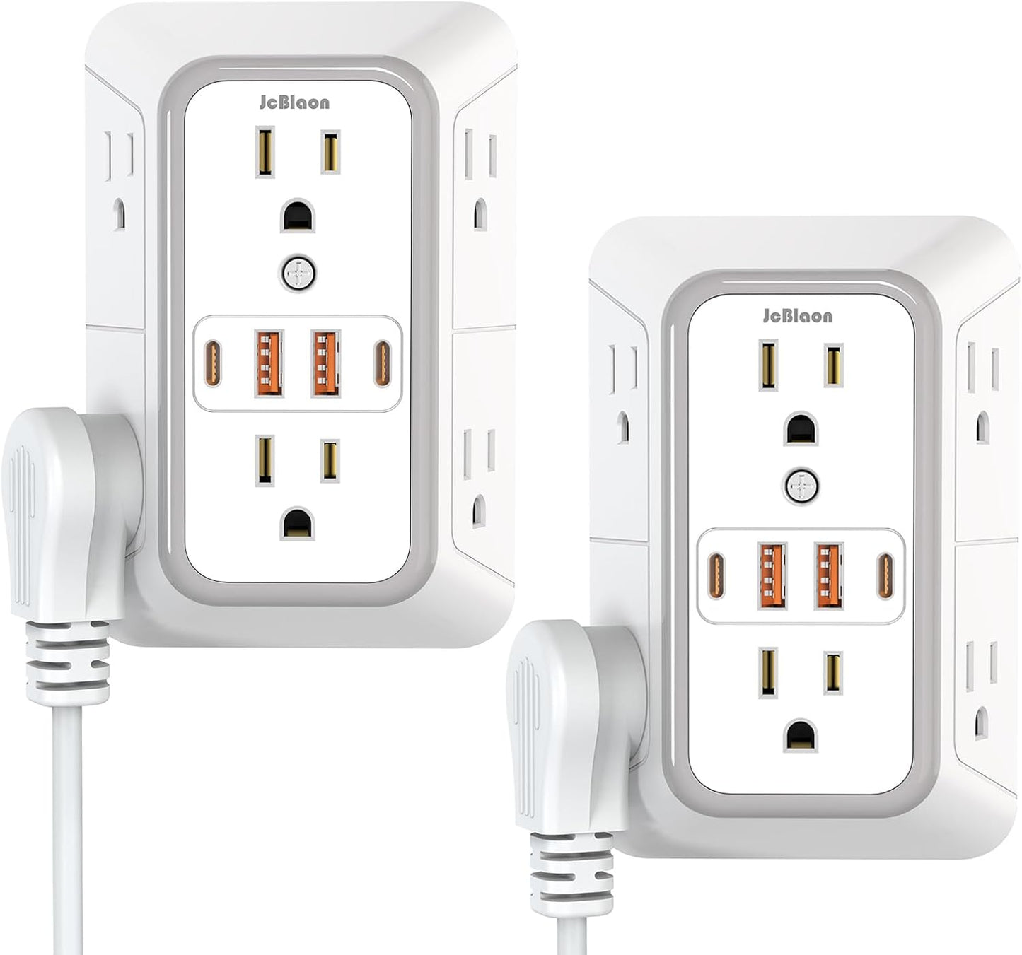 2 Pack Wall Charger, Surge Protector 6 Outlet Extender Multi Plug Wall Outlets with 4 USB Charging Ports (2 USB C Outlet) 3 Sided 1050J Power Strip Wall Adapter Spaced for Home Travel Office