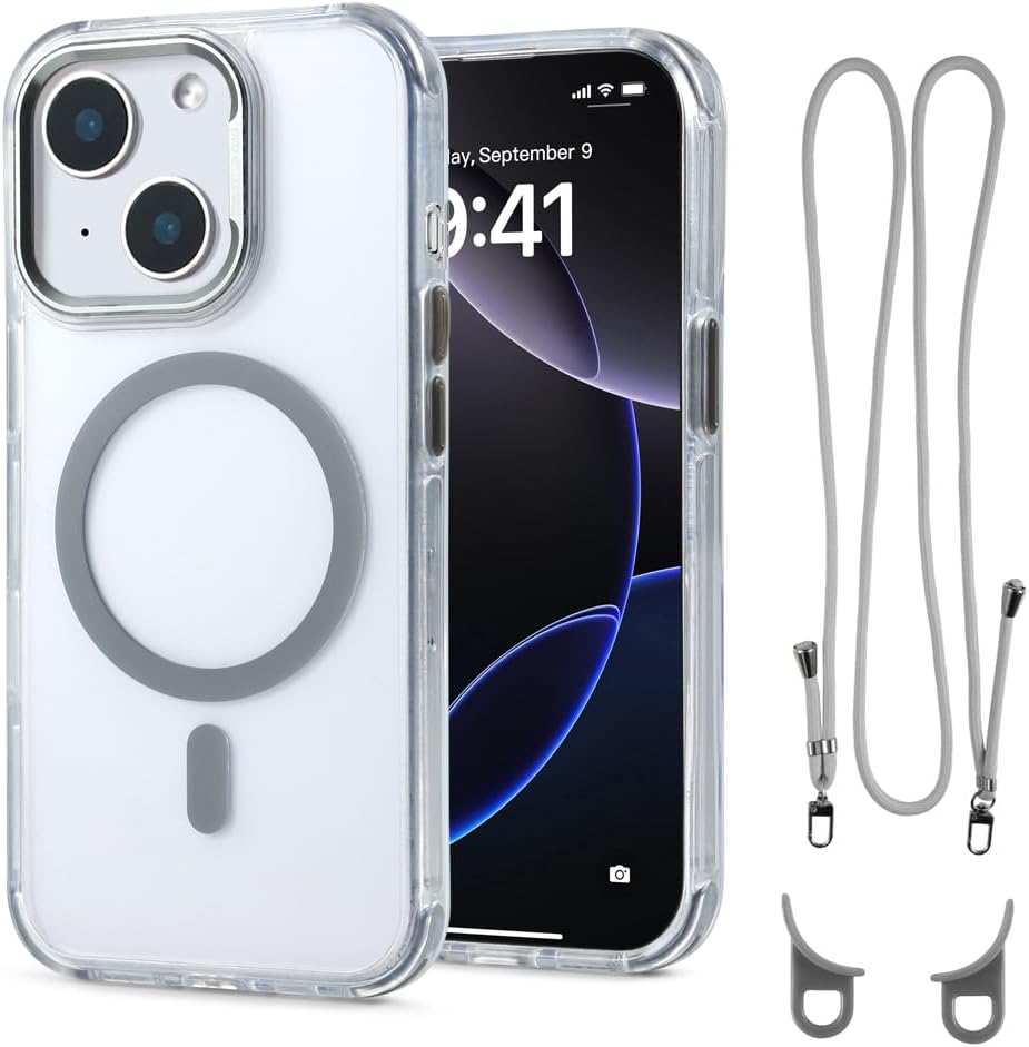 for iPhone 15 Case with 62.99 inch Lanyard, Classic Clear&Gray Magnetic Phone Case, Drop&Shockproof Protection Cases, Phone Lanyard for Around The Neck, Compatible with Magnet Accessory