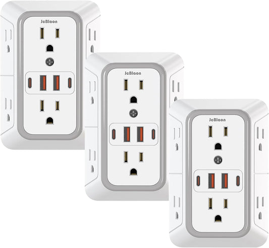 3 Pack Surge Protector Outlet Extender, 6 Outlet Splitter with 4 USB Ports (2 USB C), Multi Plug Wall Outlet 1050J Power Strip, USB Wall Charger for Home Office Kitchen Travel