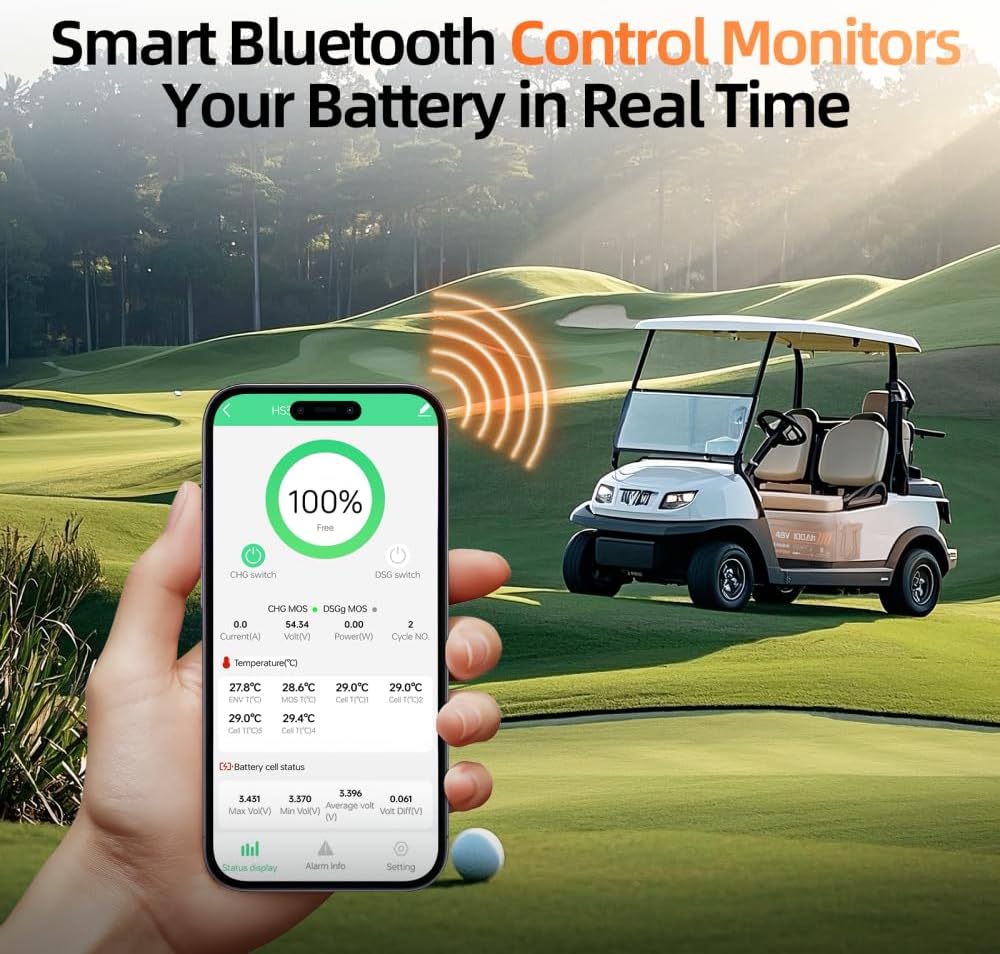 4PCS 48 Volt Lithium Battery for Golf Cart with 48V 15A Charger, 100A Lifepo4 Batterys Built-in Bluetooth 5.0 & 200A BMS, 15000+ Deep Cycle Lithium Battery, 42-58 Mile Ranges for Golf Cart
