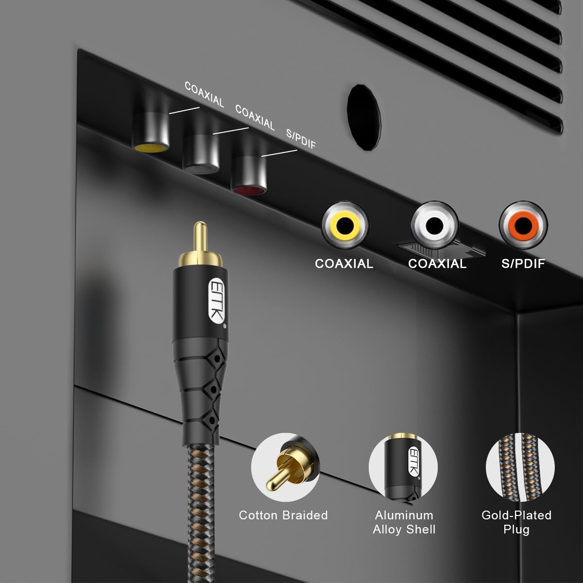 EMK RCA to RCA Subwoofer Cable – 24K Gold-Plated Connector Nylon Braided Double Shielded Audio Cable Digital&Analog Signal Support for Amplifiers Subwoofer Home Theater Hi-Fi Systems Black/3ft/1m