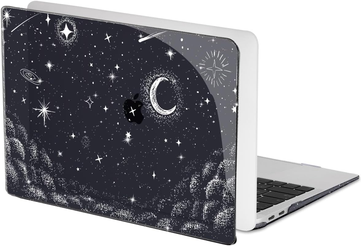 for MacBook Air 13 inch Case 2021 2020 2019 2018 Release M1 A2337 A2179 A1932, Glitter Crystal Black Pritned Pattern Plastic Hard Case Cover for Mac Air 13.3" M1 Touch ID, Stars & Moon