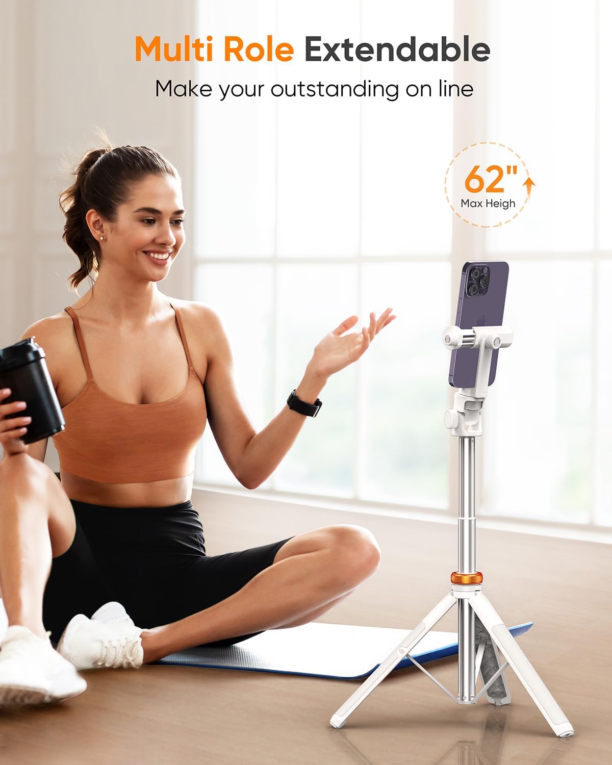 EUCOS 62" Tripod for iPhone, Sturdy Selfie Stick Tripod with Remote & Lightweight Phone Stand, Solidest Portable Cell Phone Tripod, Compatible iPhone Pro Max/Android [White]