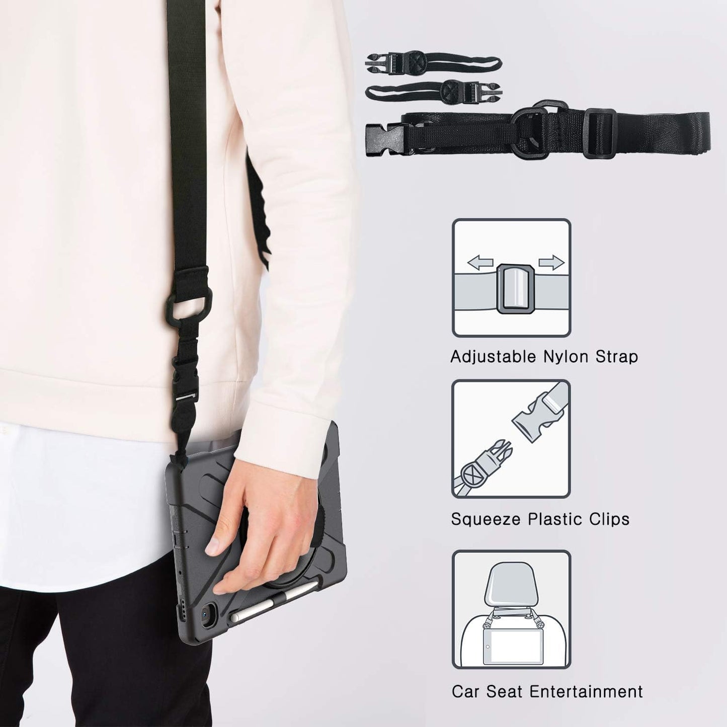 BRAECN for Samsung Galaxy Tab S6 lite Case 10.4 inch 2024/2022,Rugged Shockproof Case with 360 Rotating Hand Strap&Kickstand, Shoulder Strap, S Pen Holder for Samsung Galaxy Tab S6 Lite Tablet -Black