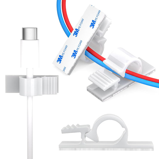 XHF 100pcs Adhesive Cable Wire Clips White, Outdoor Cable Management Wire Organizer Cord Holder for Under Desk, Car, Wall, TV PC Ethernet Cable