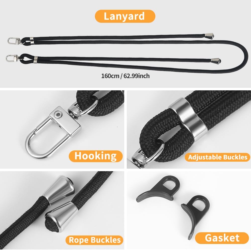 for iPhone 16 Case with 62.99 inch Lanyard, Classic Clear&Black Magnetic Phone Case, Drop&Shockproof Protection Cases, Phone Lanyard for Around The Neck, Compatible with Magnet Accessory