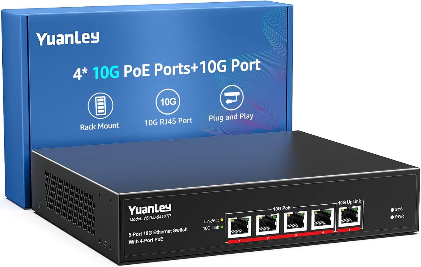 YuanLey 5-Port 10G PoE Switch Unmanaged with 4-Port PoE, 4 x 10G Base-T RJ45 Ports, 1 x UpLink, IEEE802.3af/at, 65W Built-in Power, Compatible with 1G/2.5G/5G/10G, Rackmount 10Gbe Network Switch