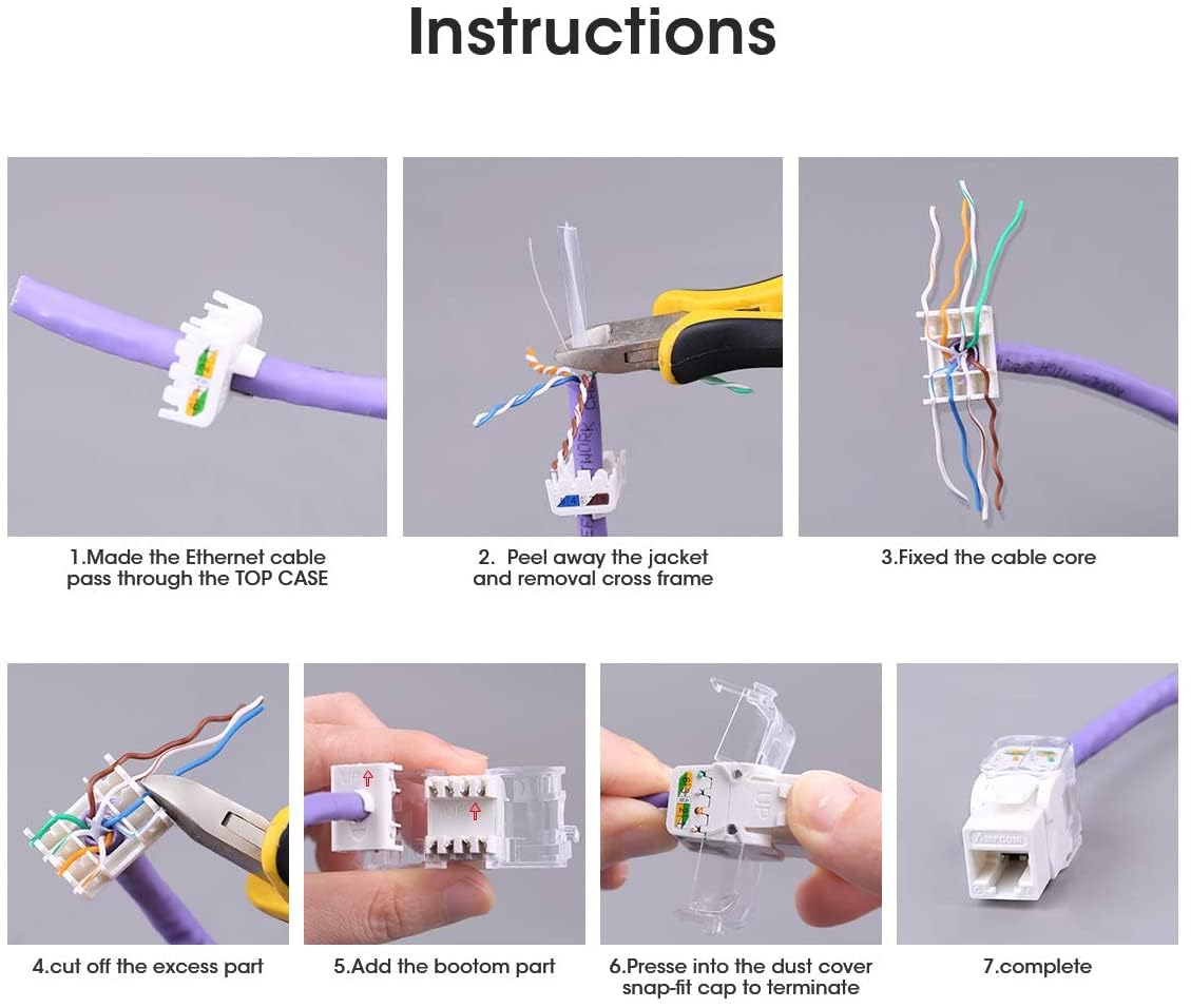 AMPCOM CAT6 Keystone Jack Tool-Less RJ45 UTP, No Punch-Down Tool Required Module Coupler 12-Pack White