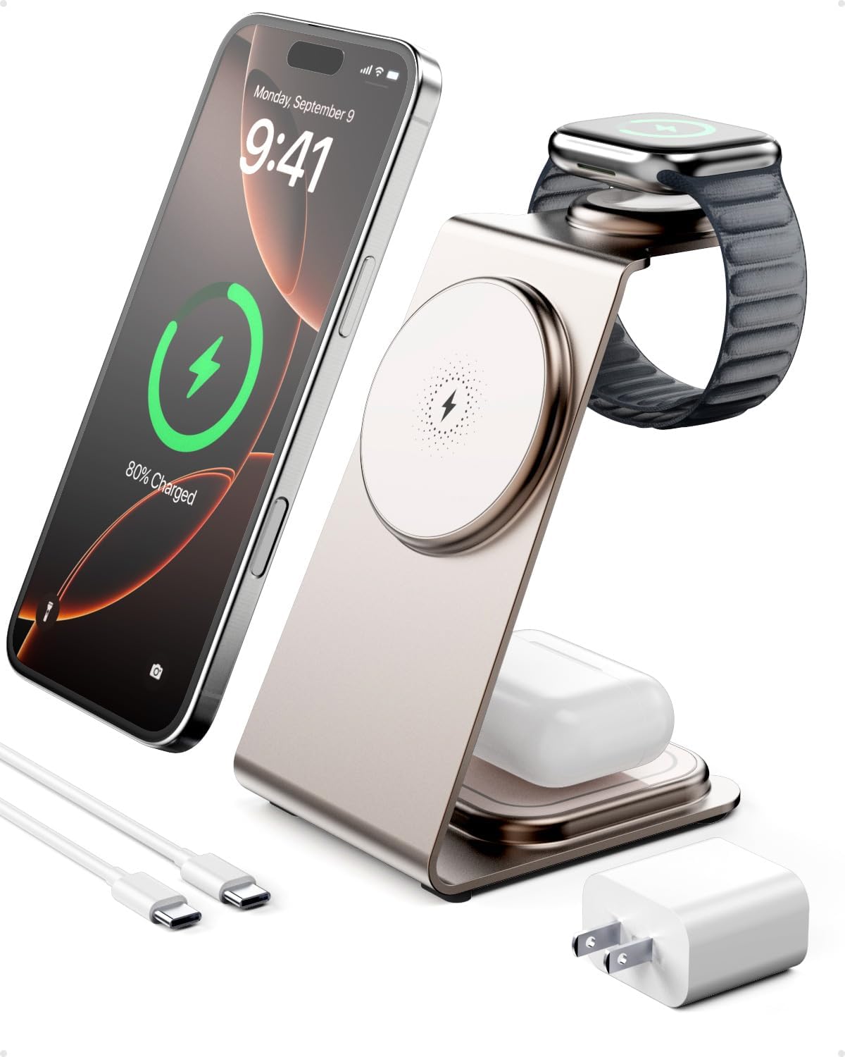 Intoval 3 in 1 Wireless Charging Station for Magsafe, Magnetic Charger for iPhone 16 15 14 13 12 Pro Max, Wireless Charger for Apple Watch 10 Ultra SE 9 8 7 6, for AirPods 4 Pro 2 3 (Desert)