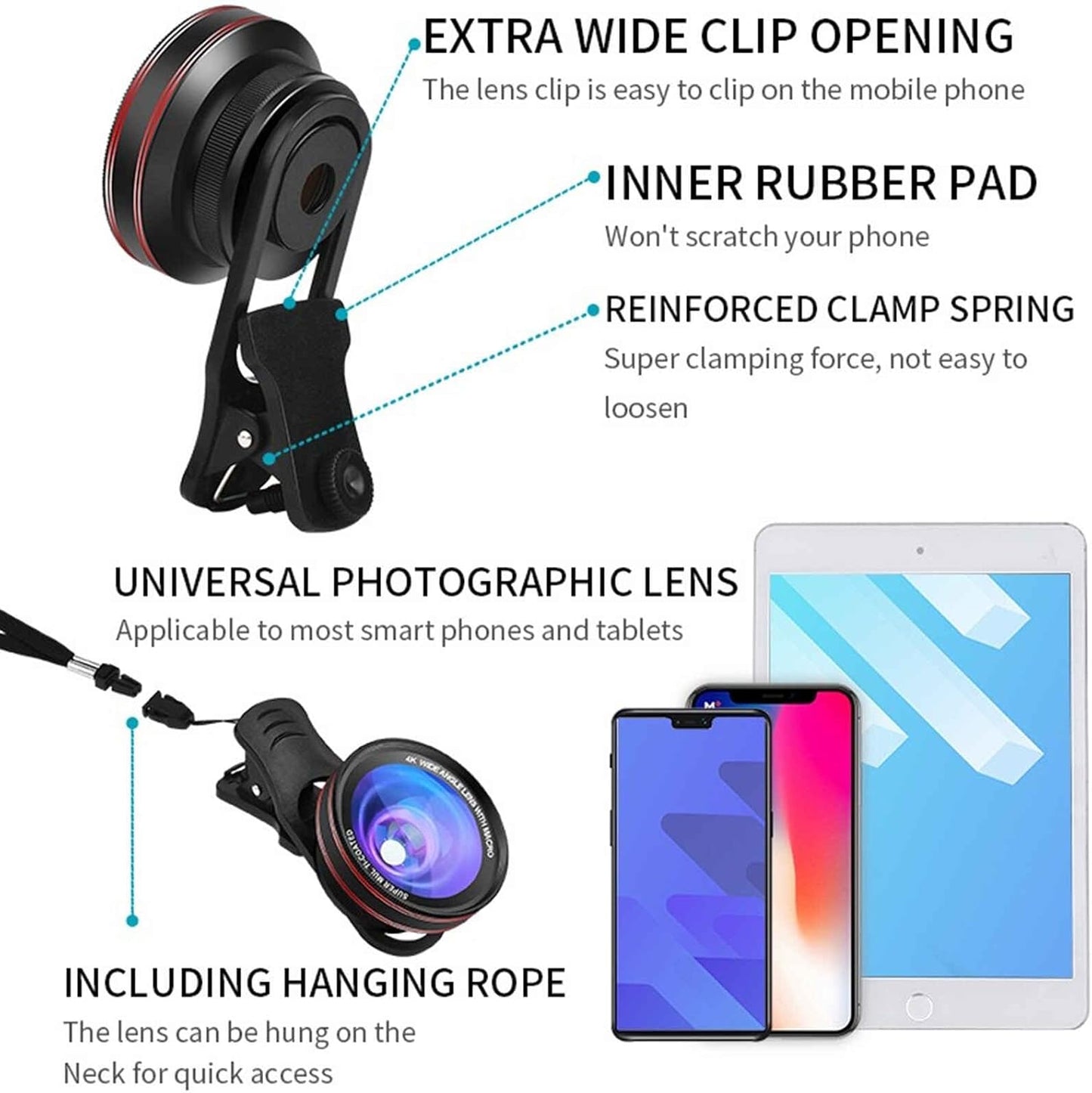 4K HD 0.45X Wide Angle Lens + 15X Macro Lens for iPhone Samsung - with Mini Selfie Ring Light, Quick Clip, Release Strap, Cleaning Cloth & Travel Case - Universal Phone Camera Lens Kit for Photography