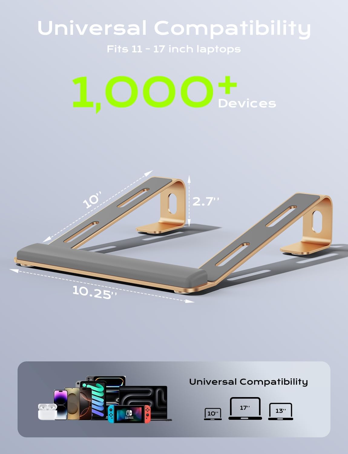 Aluminum Laptop Stand, Notebook Stand with Wrist Rest, Ergonomic Detachable Laptop Mount, Computer Stand Compatible with 10-17'' All Laptops Such as MacBook Air Pro/HP/Dell/Lenovo, Gold