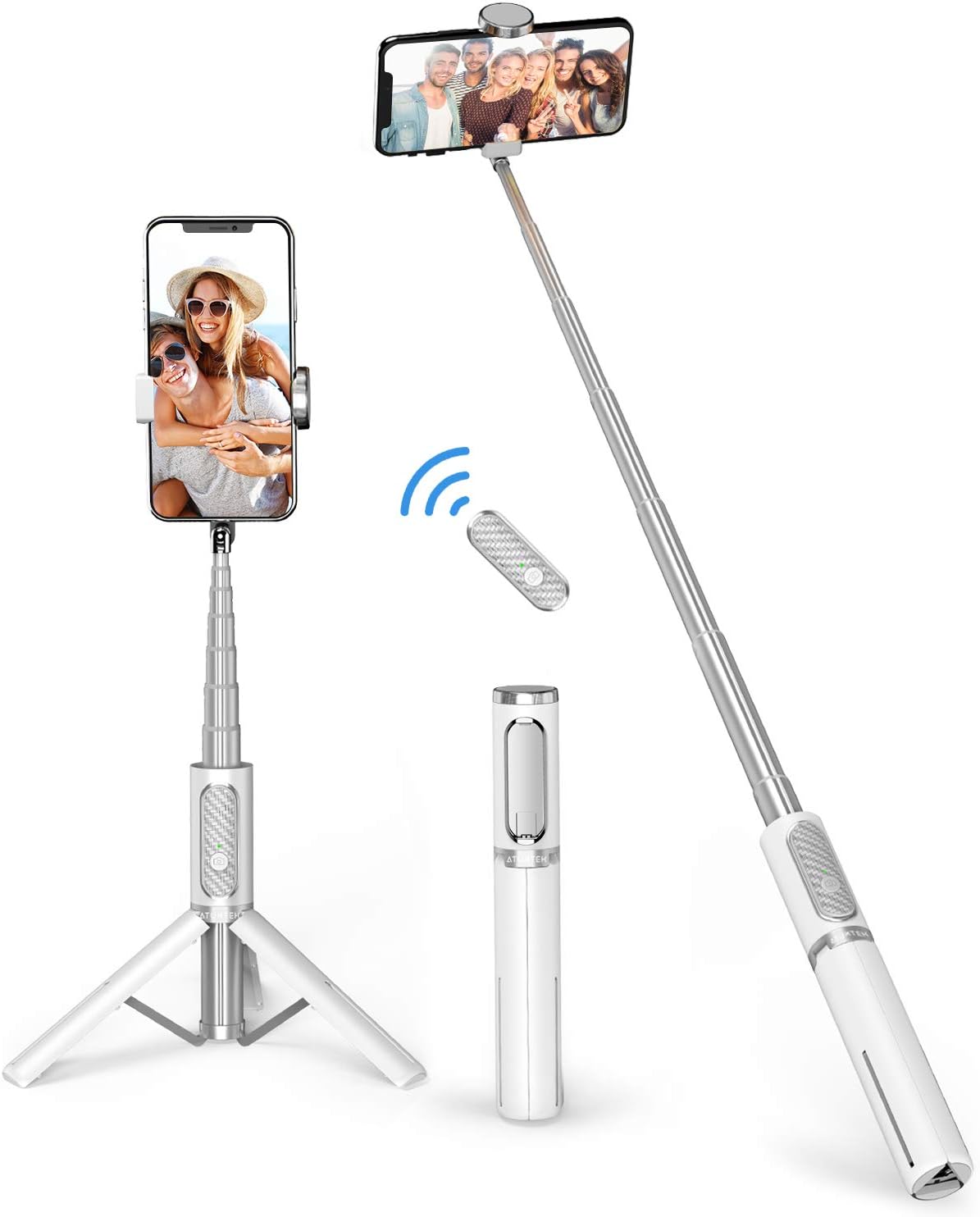 ATUMTEK Selfie Stick Tripod, Extendable 3 in 1 Aluminum Bluetooth Selfie Stick with Wireless Remote and Tripod Stand for iPhone 16/15/14/13/12/11/11 Pro/XS Max/XS/XR/X/8/7, Samsung Smartphones, White