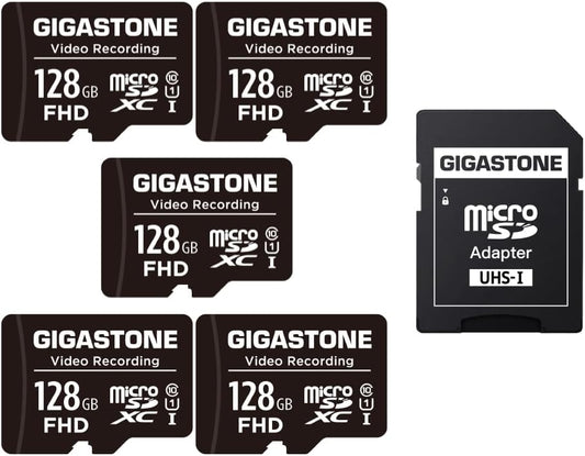 GIGASTONE 128GB Micro SD Card 5-Pack, A1 V30 4K Video Recording, Compatible with Security Camera, Dash Cam, Drone, 100MB/s MicroSDXC Memory Card UHS-I, with Adapter