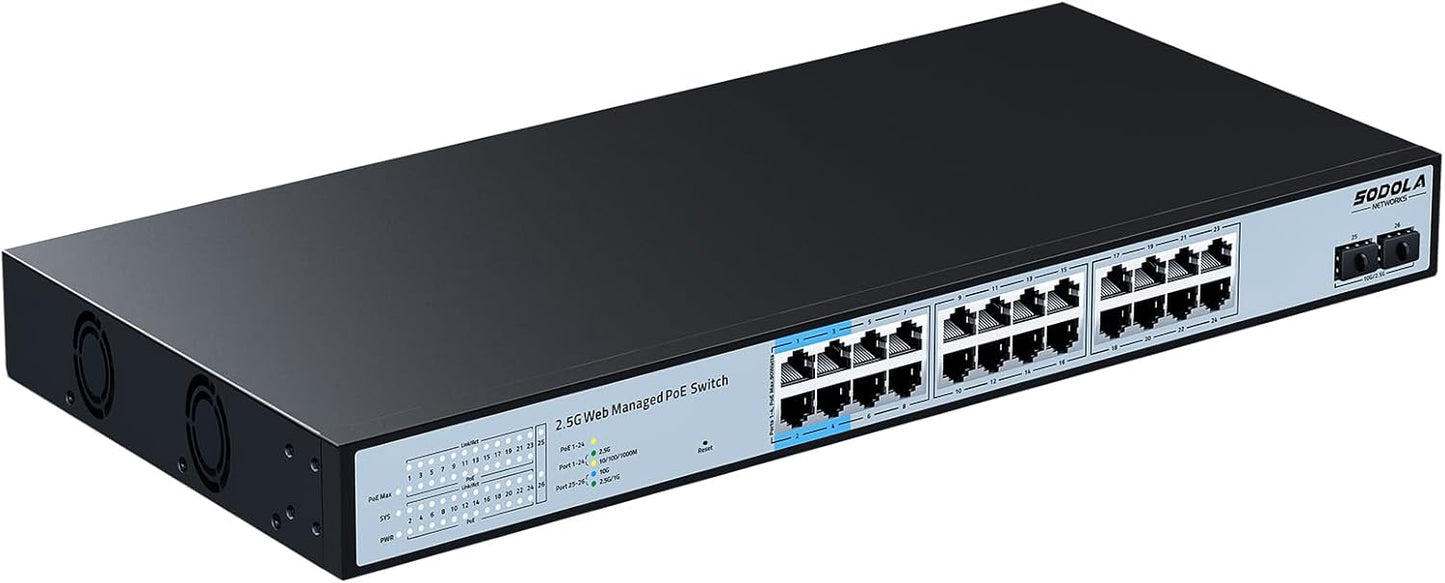 SODOLA 24 Port 2.5Gb PoE Switch Easy Smart Managed 24 PoE+ Port @500W, 2 x 10G SFP+, IEEE 802.3af/at/bt 90W Supported,LACP/QoS/VLAN/IGMP, 1U Mounted Multi-Gigabit PoE Switch