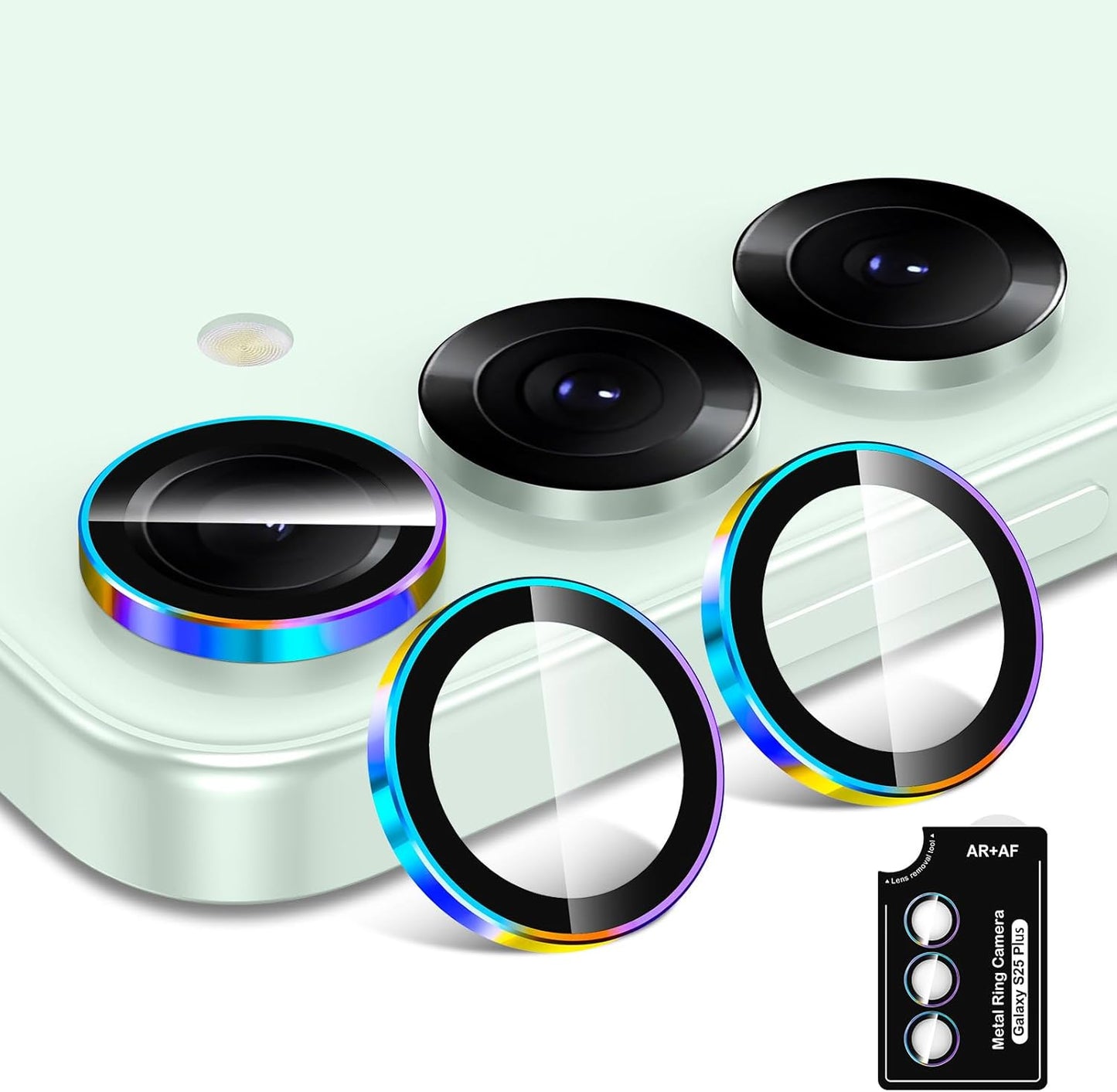 for Samsung Galaxy S25 Plus Camera Lens Protector, Individual Metal Ring Tempered Glass Lens Cover, [Strong Adsorption] Scratch Resistant Ultra-Thin HD Clear Lens Cover, 1 Set-Colorful Ring