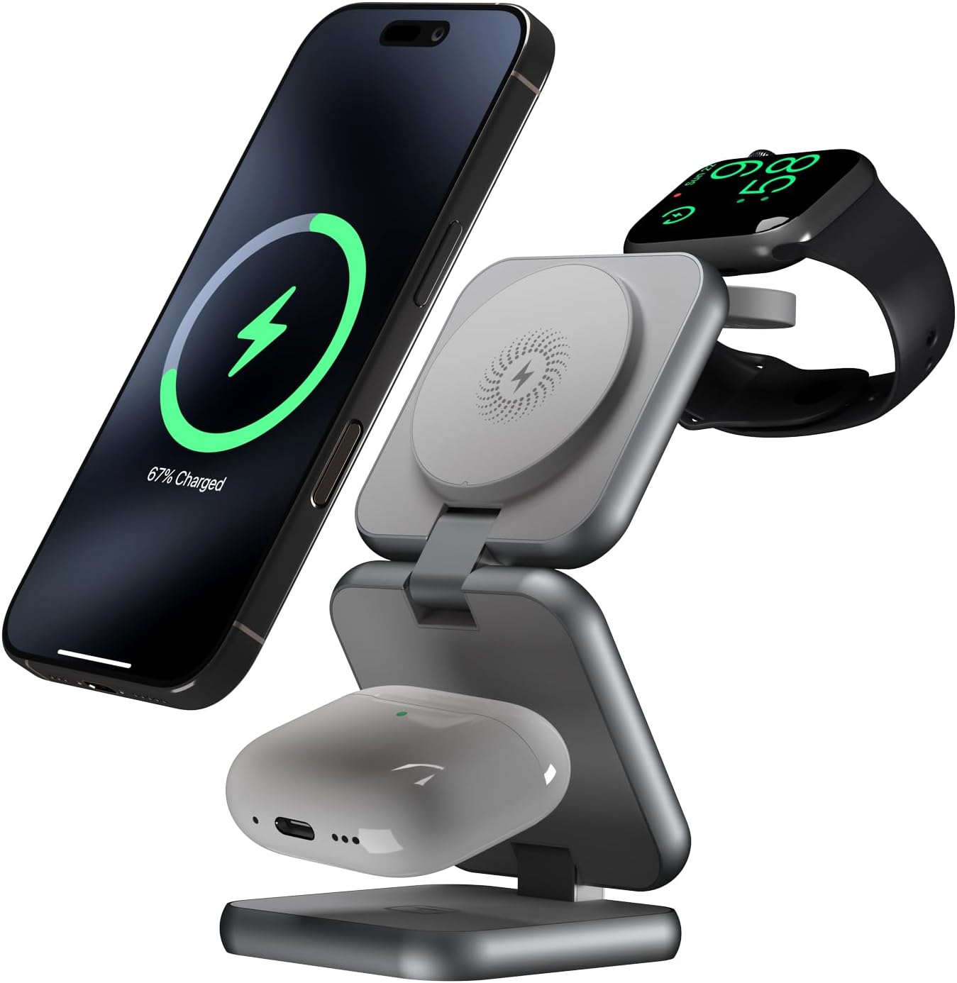 3 in 1 Charging Station for Apple Devices, Magnetic Foldable Wireless Charger, 15W Fast Charging for iPhone 12/13/14/15/16, Watches, and Earbuds, Compact Travel Design, Metal Frame