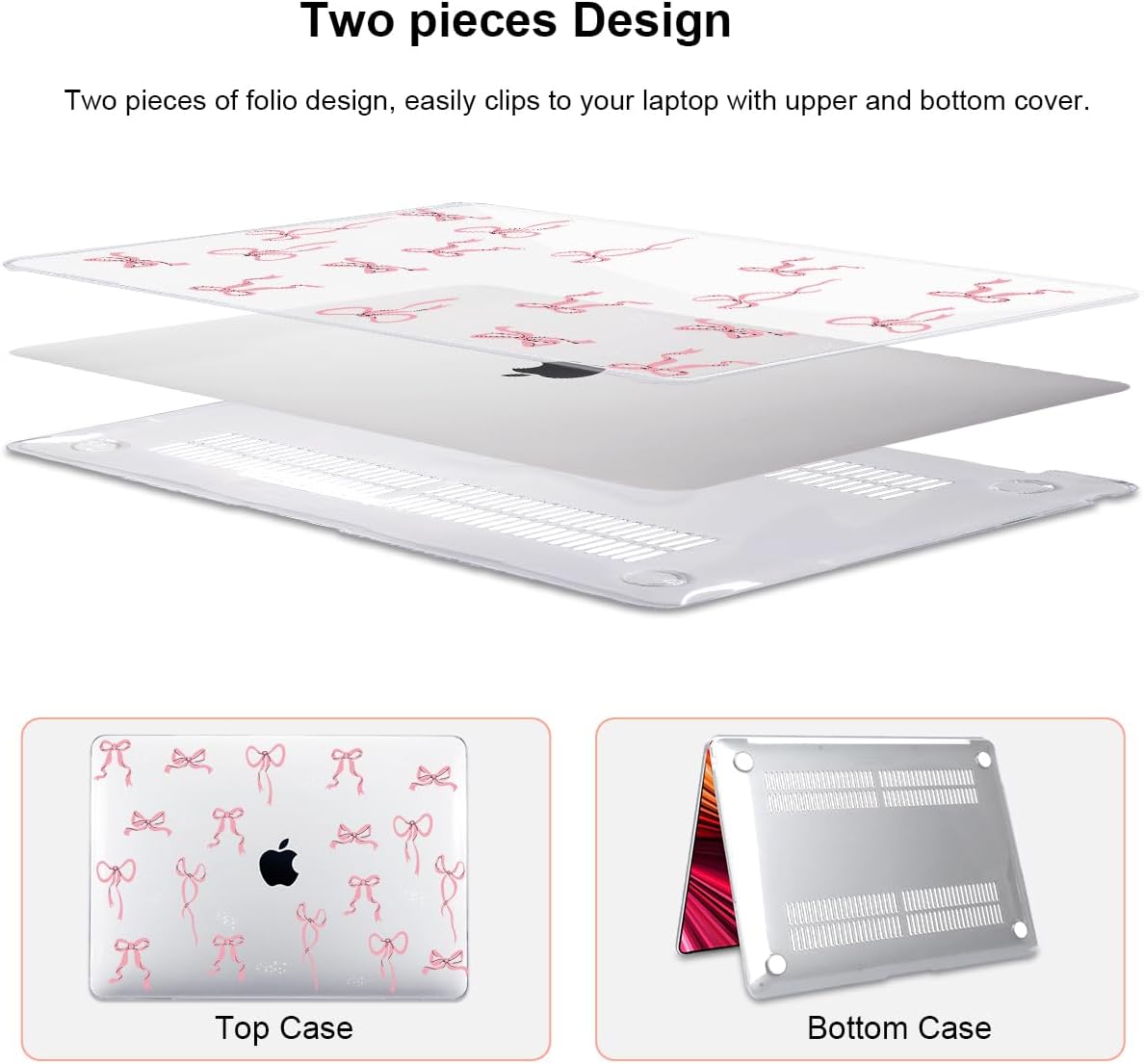 Compatible with 2021 2020 2019 2018 MacBook Air 13 inch Case M1 A2337 A2179 A1932 with Touch ID, Crystal Clear Pattern Plastic Hard Shell Case for MacBook Air 13 M1 2021, Pink Bowknot