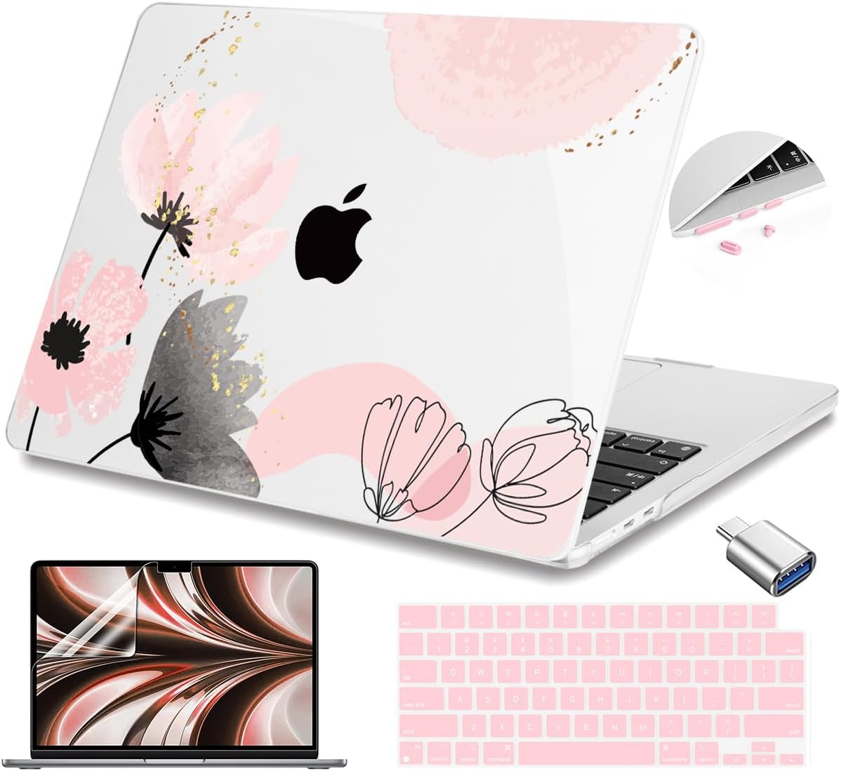 Teryeefi Compatible with MacBook Air 13 inch Case 2025 2024 2023 2022 M4 A3240/M3 M2 A3113/A2681,Hard Shell Case for MacBook Air 13.6 inch + Keyboard Cover + Type C Adapter, Abstract Pink Flowers-098