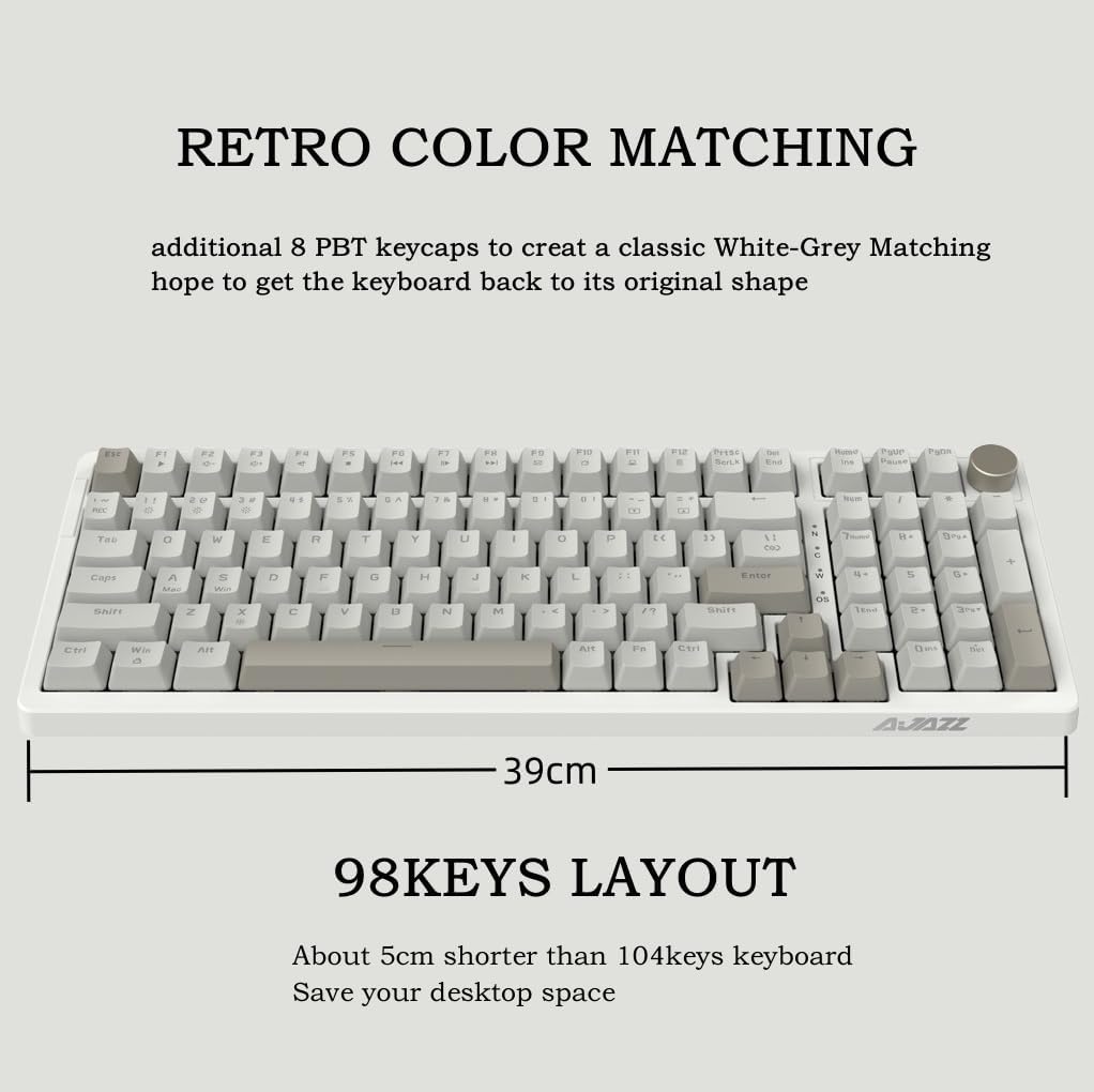 FIRSTBLOOD ONLY GAME. AK992 Retro Wired Mechanical Keyboard, 98 Keys Full Layout, Hot-Swappable USB Gaming Keyboard with Red Switches, Multimedia Keys Knob, Blue Backlit, Anti-Ghosting, Grey