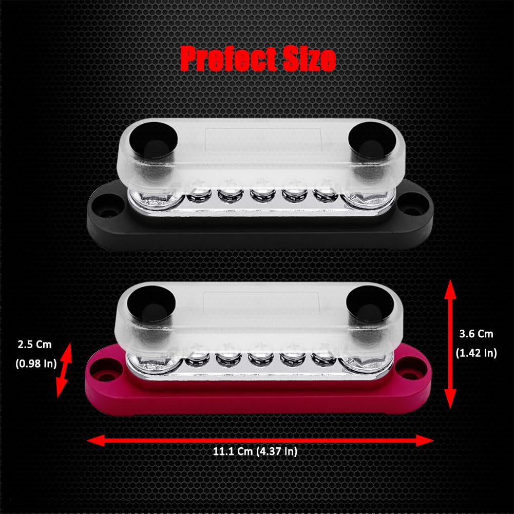 2 x M8 (5/16") Power Distribution Block Bus Bar 12V with 5 x M4 (#8) Screws, Ampper 4.3" 200A Marine BusBar Battery Distribution Block W/Cover for Car Boat Solar (Red & Black)