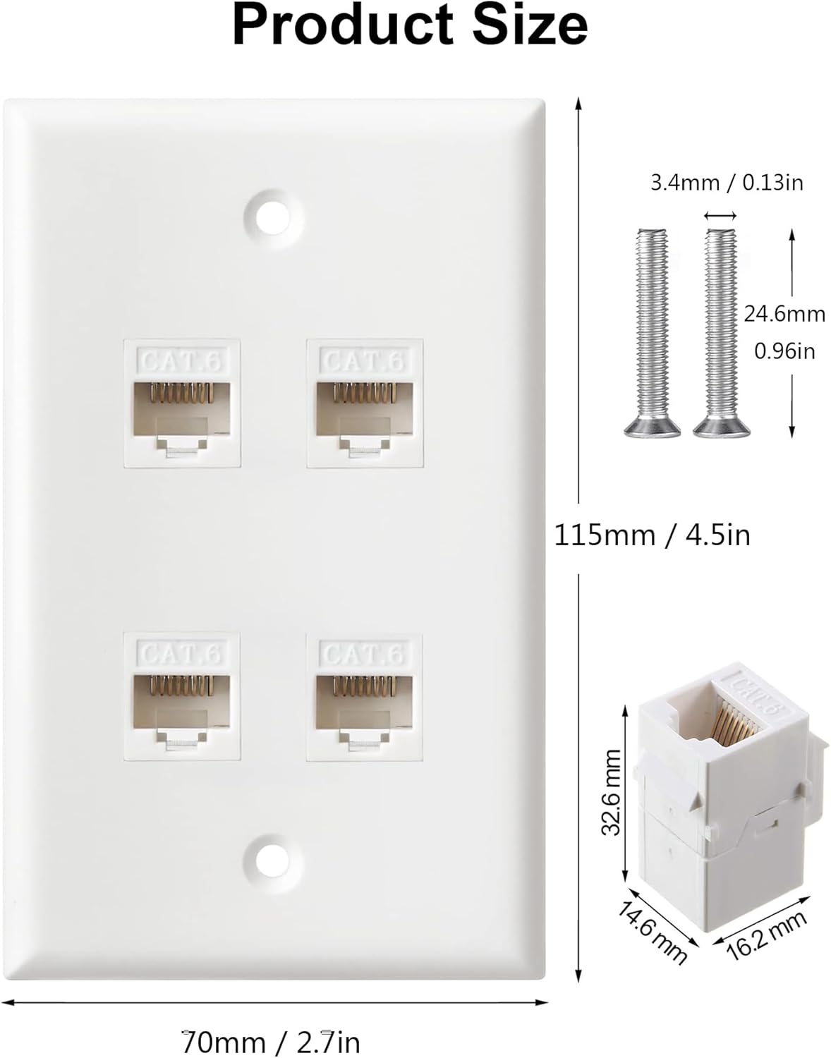 Ethernet Wall Plate, 4 Port Cat6 RJ45 Keystone Inline Coupler Wall Plate for Cat7/6/5/5e Ethernet Devices - White