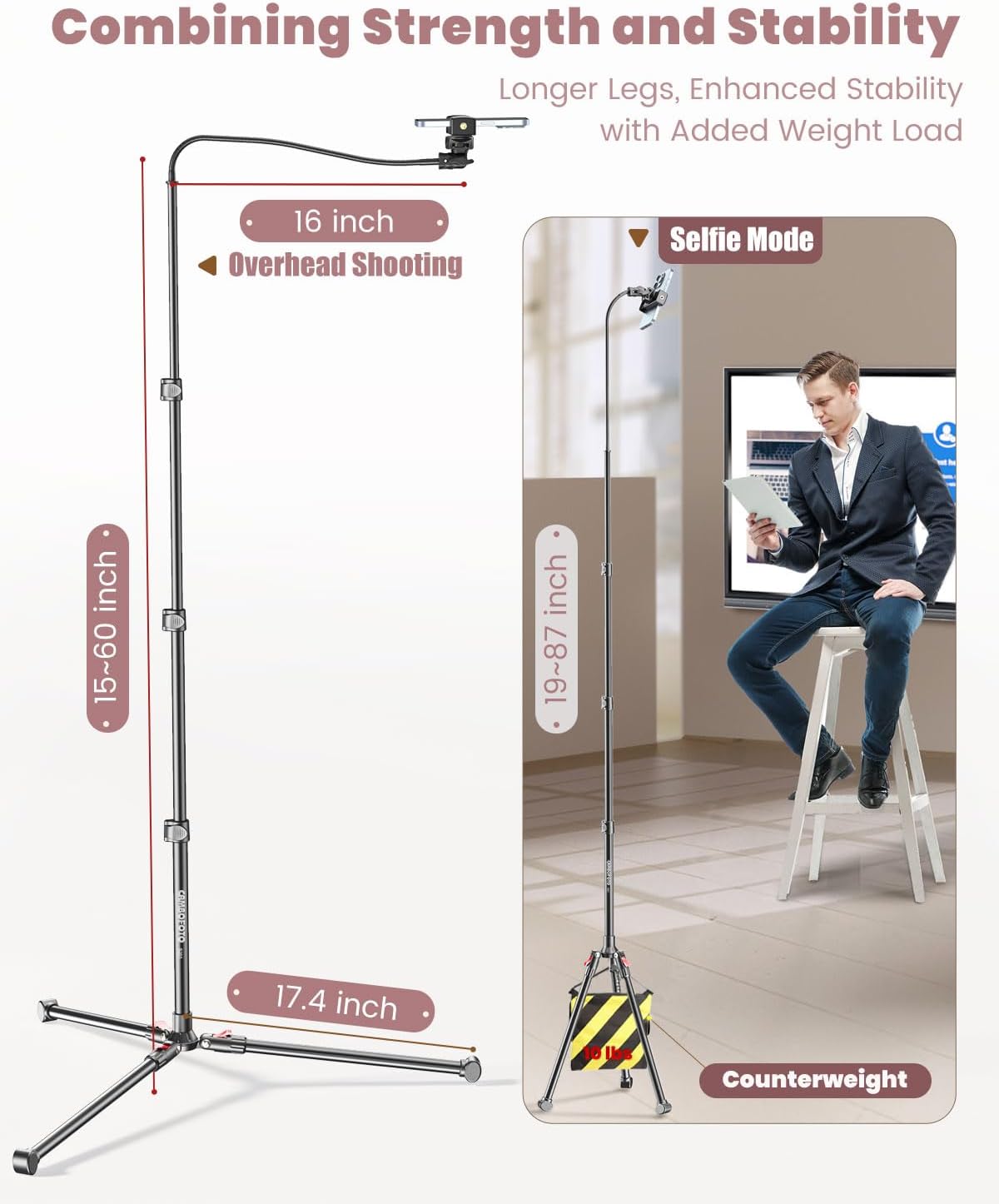 87" Phone Tripod, Overhead Flexible Tall Tripod Stand with Remote, Selfie Stick, Compatible with iPhone, 15.7" Gooseneck/Adjustable 360 Head, Gopro/Ring Light/Webcam/Video Recording/Vlogging