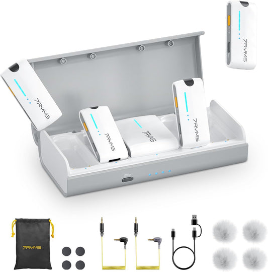 7RYMS iRay DW40 4-Channel Wireless Microphone for Cameras, Camcorders, iPhones, Android Phones, Wireless Lavalier Mic-Noise Canceling, 656ft Range, 12.5H Working, Lav Mic for Video Recording(White)