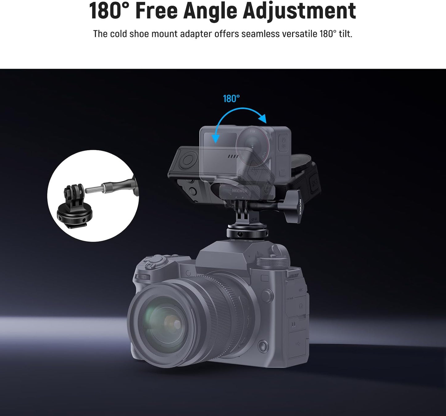 NEEWER Action Camera Cold Shoe Mount Adapter Compatible with GoPro Accessories Go Pro DJI Insta360 AKASO, Metal 1/4" Thread Hot Shoe Mount for Mini Tripod Selfie Stick, 180° Tilt, GP-63