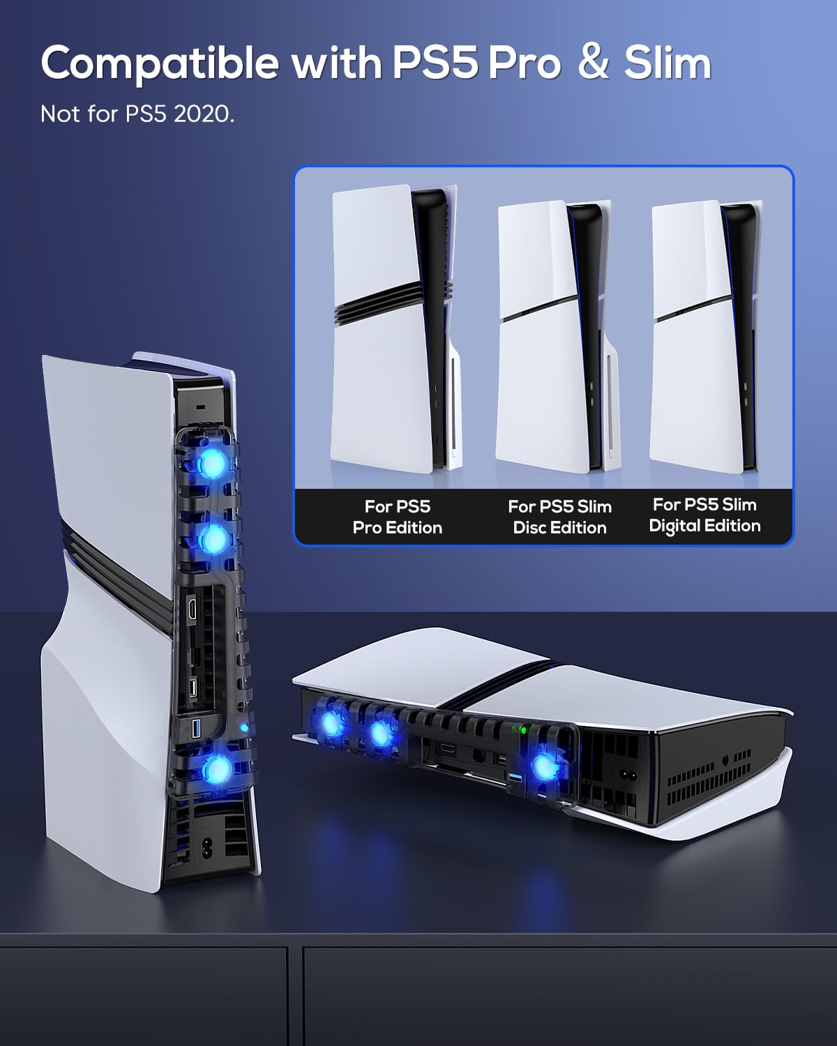 Auto Cooling Fan for PS5 Pro/Slim, USB 3.0 Port, Adjustable 3 Speed, with LED Light, Memory Function, Quiet and Efficient Cooling System for PS5 Pro/Slim Cooling Fan