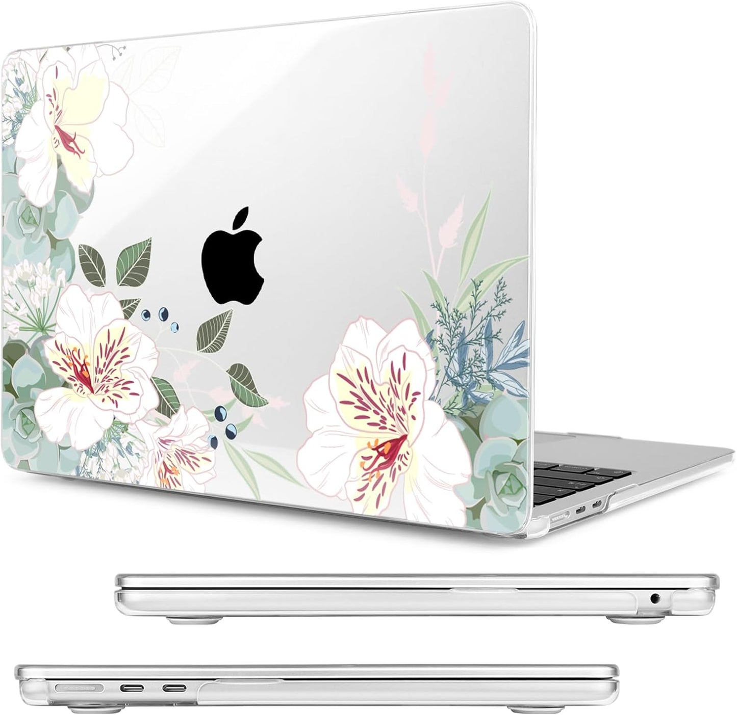 Compatible with MacBook Air 13.6 inch Case, M4 A3240/M3 A3113/M2 A2681 (Released 2025 to 2022), Hard Shell, Keyboard Cover, Screen Protector, Webcam Cover & Type-C Adapter, White Alstroemeria
