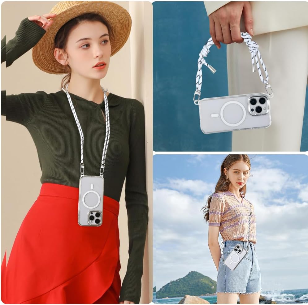 for iPhone 15 Pro Case with 62.99 inch Lanyard, Classic Clear&White Magnetic Phone Case, Drop&Shockproof Protection Cases, Phone Lanyard for Around The Neck, Compatible with Magnet Accessory