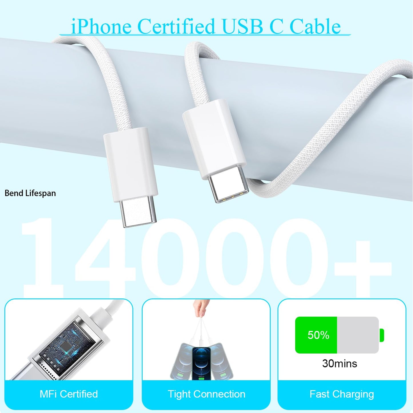 10FT Woven Cable for Apple 16 15, 60W 10Foot USB C to Type C Braided Charger Cable Cord & 20W USB C Charger Block Cube Travel Plug Super Quick Charging for iPhone 16 15/16 15 Plus/Pro/Pro Max,iPad Pro