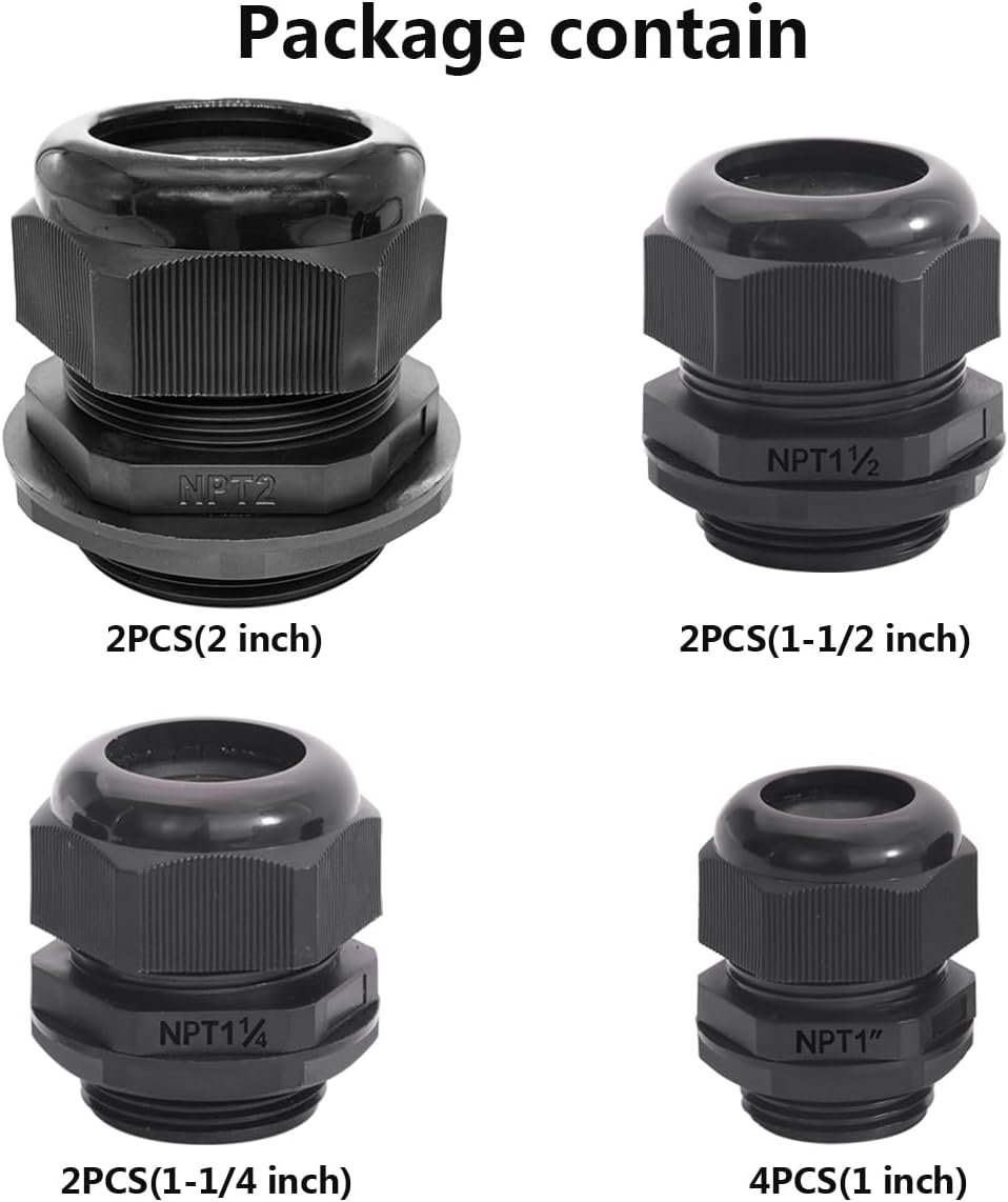Cable Glands-PENGLIN 10PCS NPT Nylon Cable Connector 1-1/4", 1-1/2'', 1'',2'', Strain Relief Cord Connector With Gaskets, IP68 Waterproof Adjustable Locknut