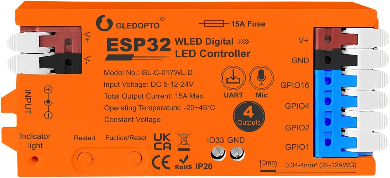 ESP32 WLED LED Strip Light Controller 4 Channel Output 15A Fuse Link Level Shifter UART Download DIY Dynamic Lighting Mode APP Voice Control for Digital WS2811 WS2812 WS2815 SK6812 RGB IC String