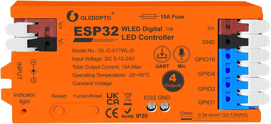 ESP32 WLED LED Strip Light Controller 4 Channel Output 15A Fuse Link Level Shifter UART Download DIY Dynamic Lighting Mode APP Voice Control for Digital WS2811 WS2812 WS2815 SK6812 RGB IC String