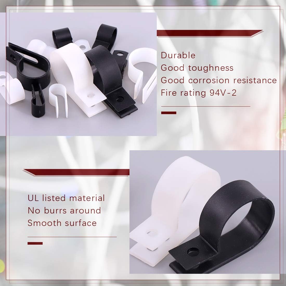 Hilitchi 132 Pcs 6 Sizes Black and White Plastic Cable Clamp R Type Screw Mounting Cord Fastener Cable Clips Assortment Kit with Screws for Wire Management Cable Conduit (Clips from 6mm to 23mm)