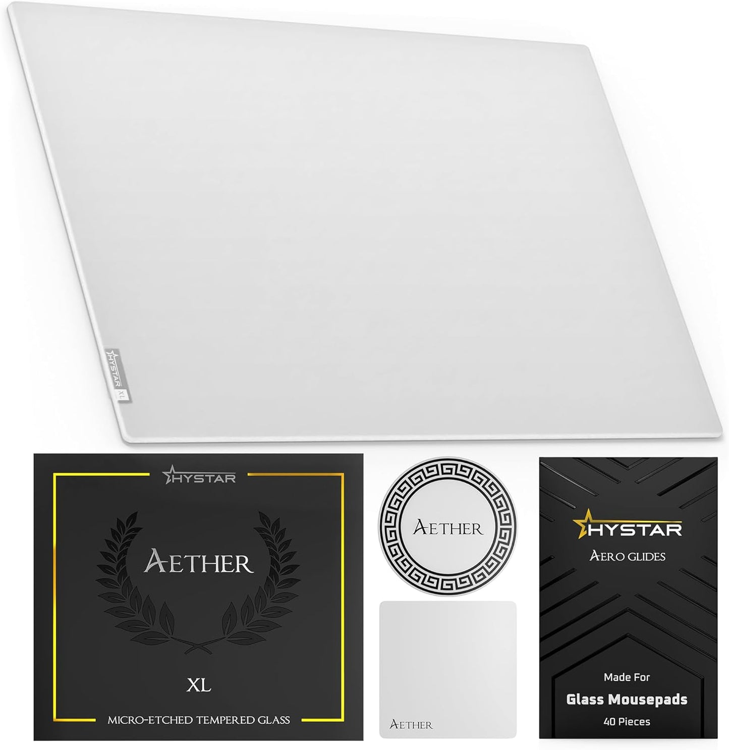 Hystar Aether Glass Gaming Mousepad | Micro-Etched Tempered Glass | Quiet, Ultra-Fast Glide | Full Anti-Slip Silicone Backing (White, X-Large)