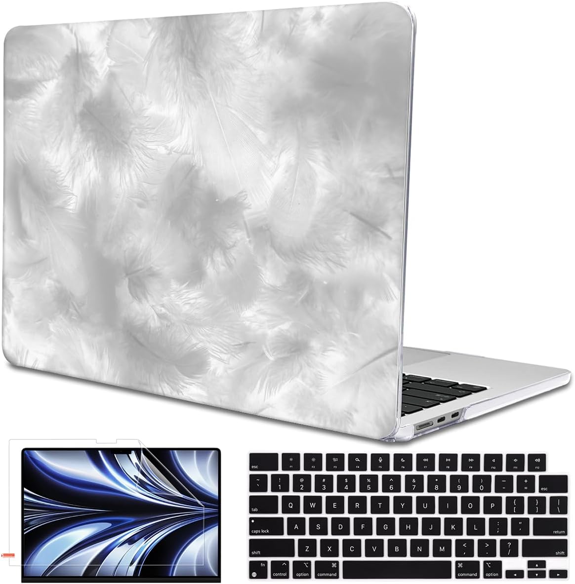 for M4 MacBook Air 13.6 Case 2025 2024 2023 2022 M3 A3113 A2681 M2 Chip, Pattern Plastic Matte Hard Shell Case Keyboard Skin for 2025 Mac Air 13.6 inch Cover M4 A3420 Touch ID, Gray Feather
