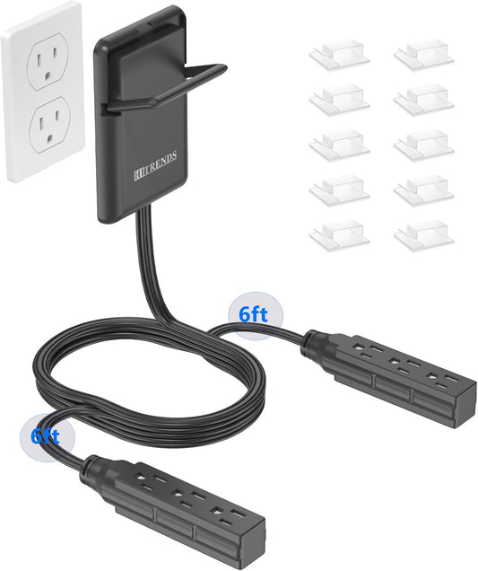 6FT Ultra Flat Plug Dual Extension Cord with 6 Outlets, Ultra-Thin Outlet Cover Power Bar, Outlet Concealer Universal Size Flat Plug Power Strip, Child & Pet Safe, 1625W, Black