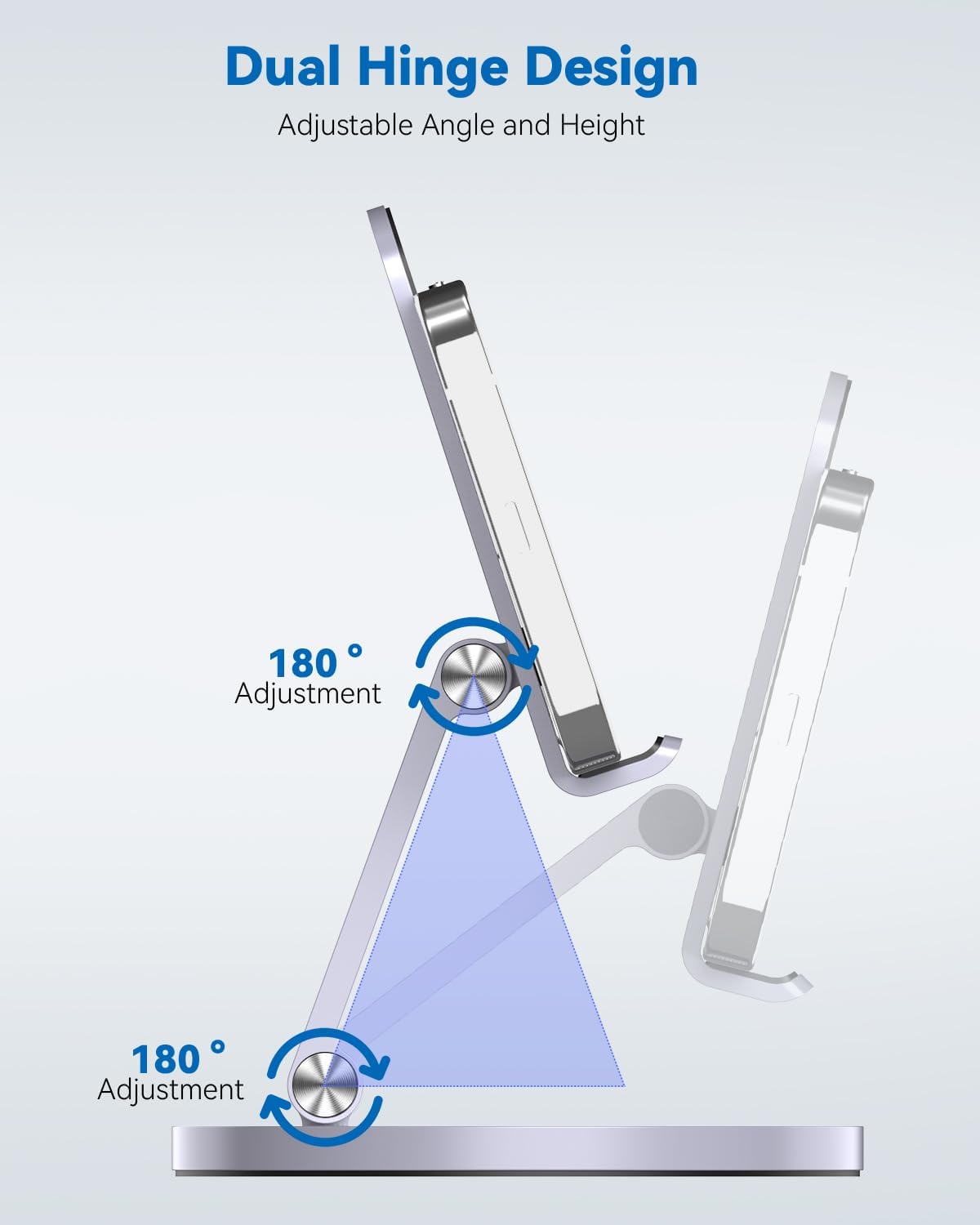 360 Rotating Phone Stand for Desk, Dual-Adjustable Foldable Aluminum Desktop Phone Holder Compatible with iPhone 16 15 14 13 12 11 Series, iPad-Mini, 4-8" All Phones (Grey)