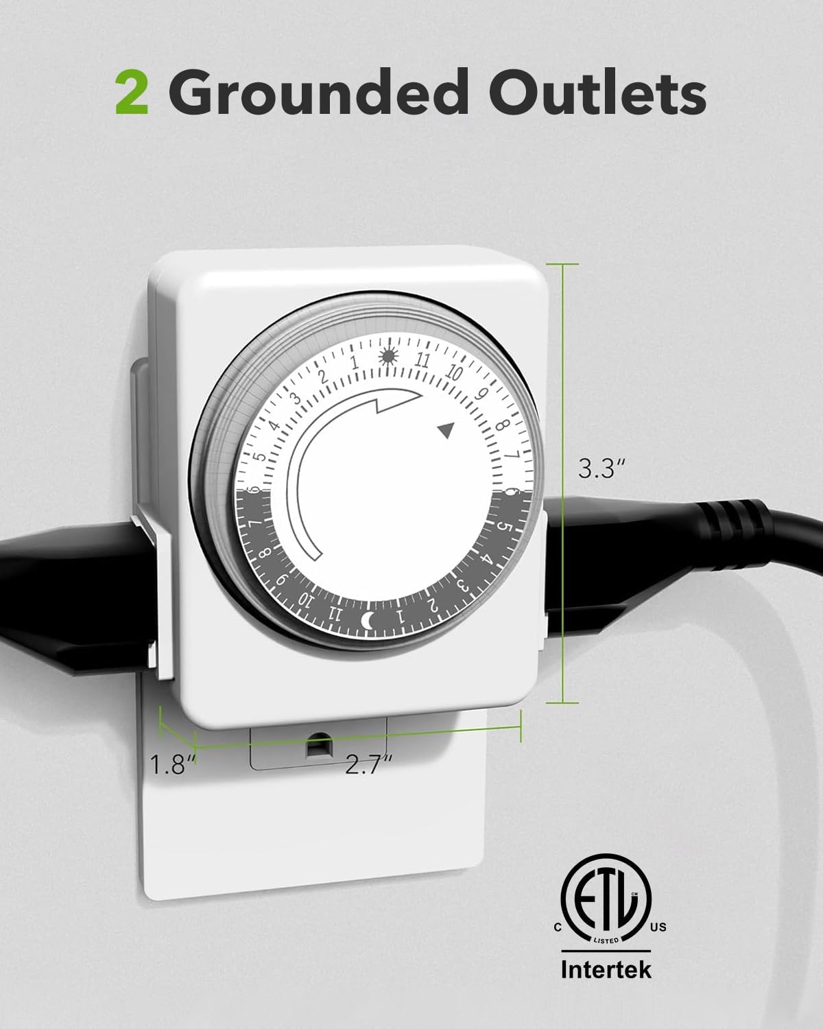 HBN Outlet Timer for Electrical Outlets Indoor, 24 Hour Mechanical Light Timers for Lamps, Dual 3-Prong Plug-in Outlets, 15-Minute Intervals, Heavy Duty Daily Cycle, 1 Pack