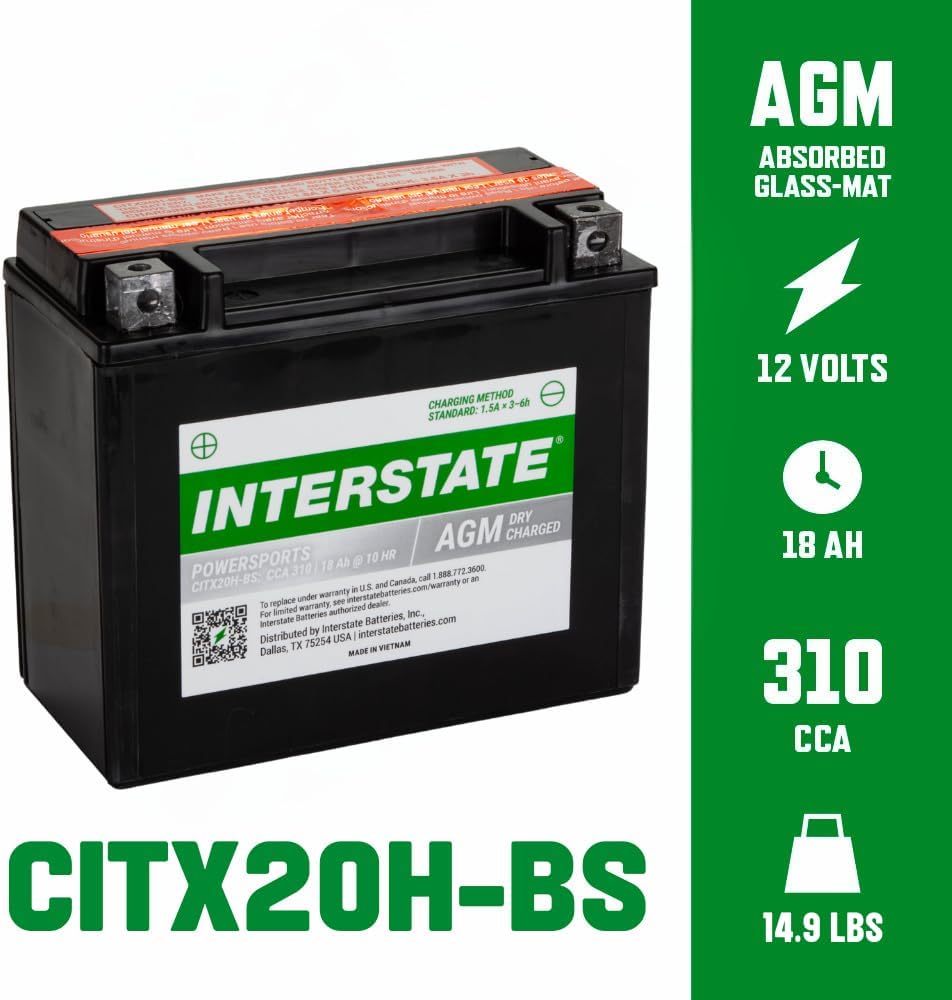 Interstate Batteries YTX20H-BS 12V 18Ah Powersports Battery 310CCA High-Performance AGM Rechargeable Replacement for Arctic Cat, Harley Motorcycles, Bikes, ATVs, Jet Skis, Snowmobiles (CITX20H-BS)