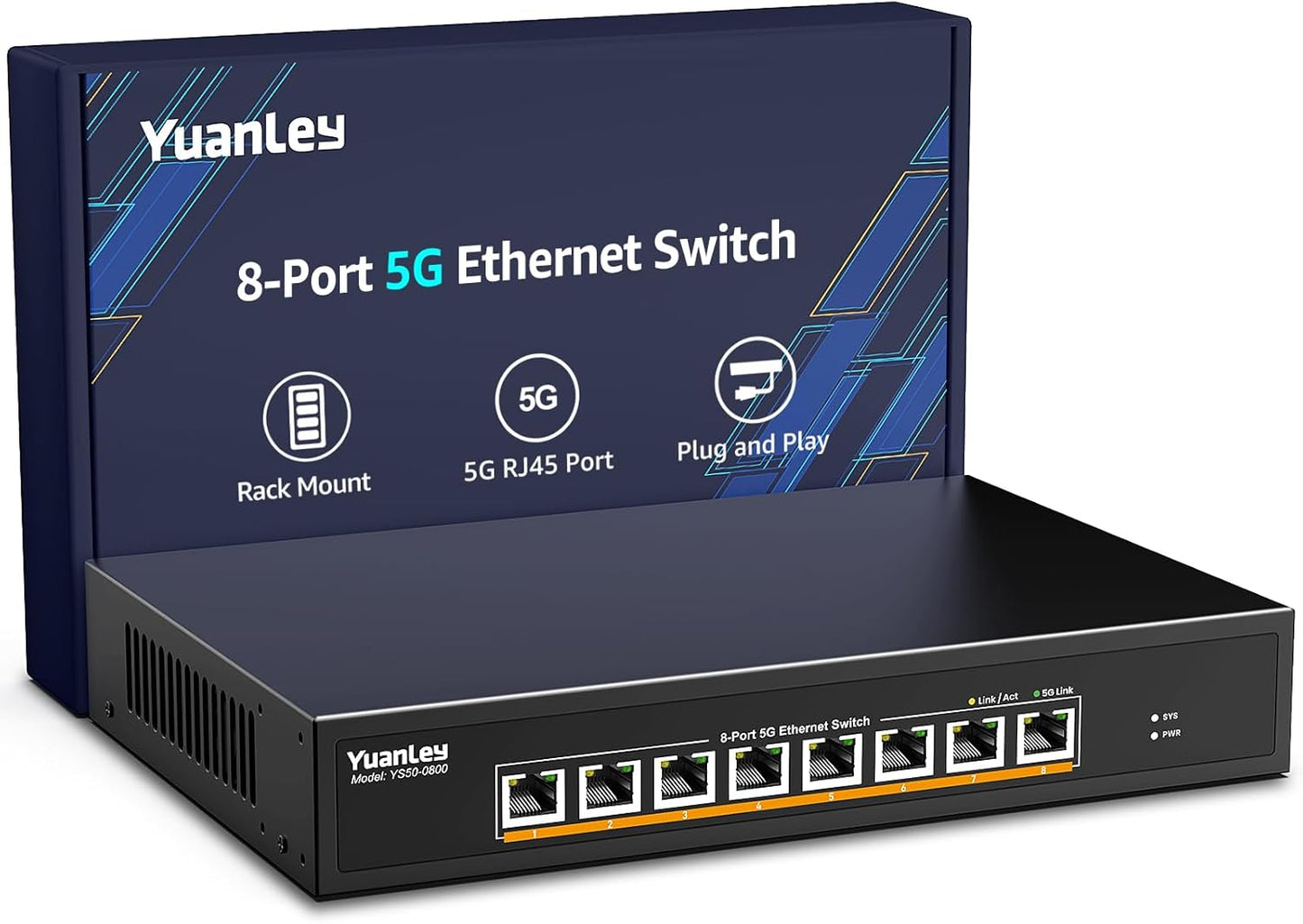 YuanLey 8-Port 5G Ethernet Switch, 8 x 5Gbps RJ45 Ports, Support 5G/2.5G/1G/100Mbps Speed Auto-Negotiation, 80Gbps Switching Capacity, Unmanaged Switch Rackmountable, Plug and Play