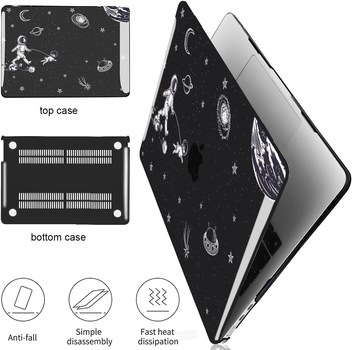 for MacBook Air 13.6 inch Case 2025 2024 2023 2022 Release M4 A3240 M3 A3113 M2 A2681, Black Printed Plastic Hard Shell Case Cover for Mac Air 13.6 M4 Chip Touch ID, Astronauts Space Dog